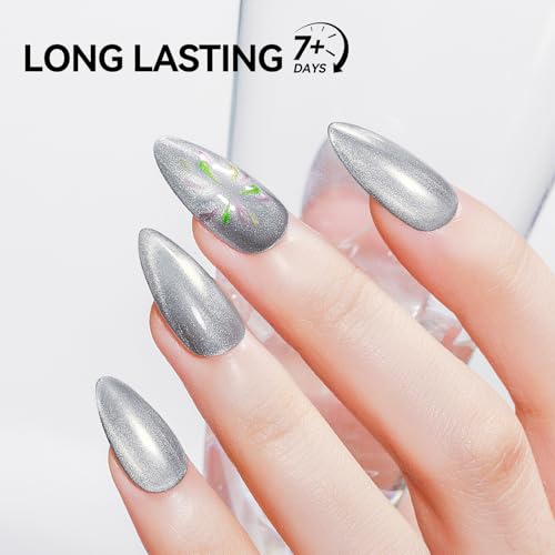 MIZHSE Quick Dry Cat Eye Nail Polish, Silver Magnetic Nail Polish Glossy - color: Cat Eye Silver