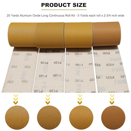 Total 20 Yards 2-3/4" Wide Continuous Sandpaper Roll Kit - 80 120 180 320 Grit Hook & Loop Backing Longboard Sanding Paper for Automotive, Woodworking Air File Long Board Sanders