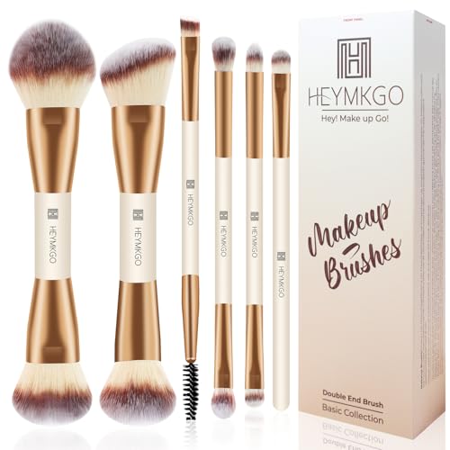 HEYMKGO Makeup Brushes Set, 6Pcs Double-ended Foundation Contour Concealer Powder Eyeshadow Brush for Liquid, Cream, Powder for Blending Buffing Professional Face Brush Set Tools(Apricot)
