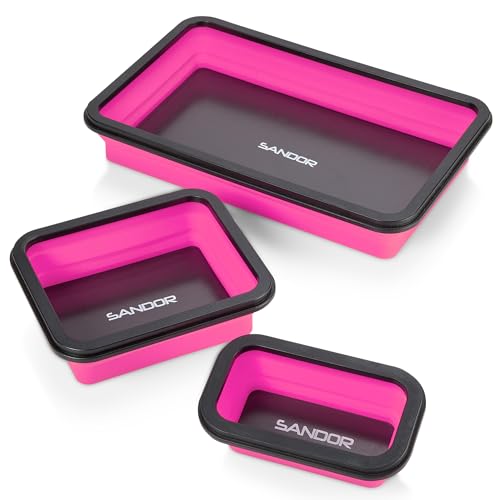 Collapsible Magnetic Parts Tray Set - 3 Different Size Tool Trays - Pink - color: Pink