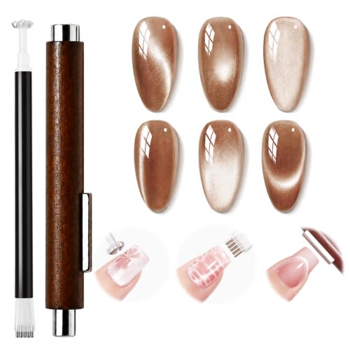 Modelones Cat Eye Magnet for Nails, 3-in-1 Cylindrical & Square Magnets Nail Art Pens,Multi-Function Strong Magnet Nail Art Tool for Cat Eye Design DIY(Magnet Only, No Gel Included) - color: A A Brown Cat Eye Magnet