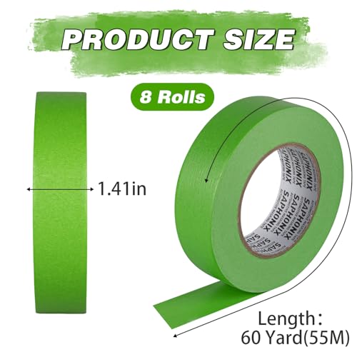 Green Painters Tape 1.41 inch x 60 Yard 8 Rolls Automotive Masking Tape Heat Resistant No Residue Multi-Purpose Painter Tape for Auto Refinish Painting Car Detailing, Walls, DIY Crafts Arts - size: 1.41in-8Rolls
