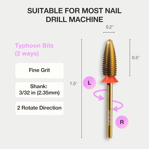 Curacoro Nail Drill Bits 3/32'' Typhoon Bits, 2 Way, Carbide Bit (Fine) - color: Yellow Titanium - Typhoon Bit, size: Fine