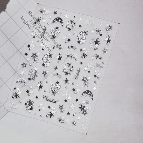 1 Sheet 5D Embossed Holographic Star Nail Stickers Metallic Shiny Star Nail Decals Self-Adhesive Cute Y2K Nail Stickers for Nail Art Black Silver Stars Nail Supplies for Women DIY Nail Decorations - color: Y2k Black Silver Star