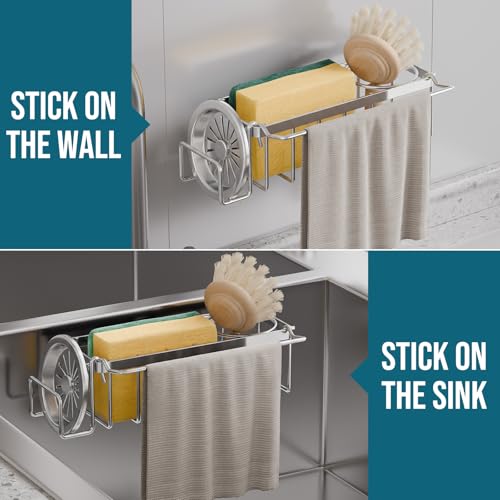 TAILI 4-in-1 Sponge Holder for Kitchen Sink with Strong Suction Cup-Silver - color: Silver, size: 7.28" x 2.36"
