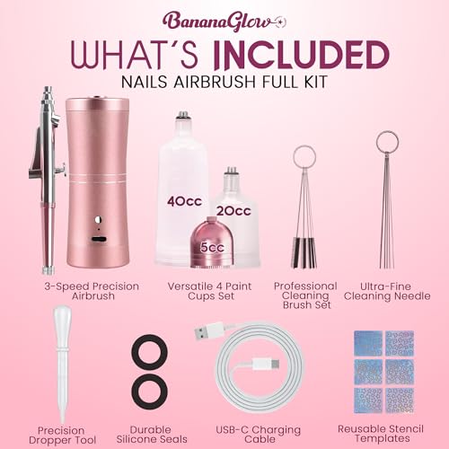 Airbrush for Nails Kit – Easy to Use High Quality Cordless Rechargeable Durable Professional Nails Airbrush Machine Kit with Stencils & Cleaning Tools for DIY Artists and Nail Techs - color: Glossy Pink