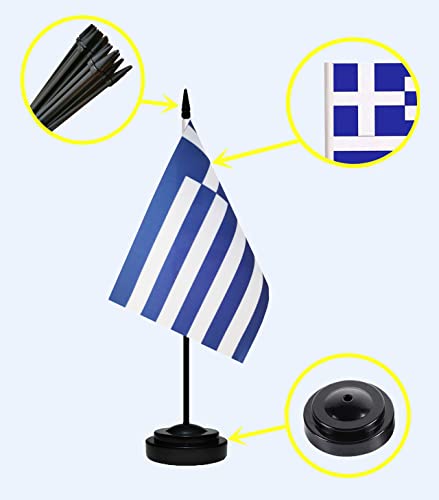 USA American & Greece Greek Desk Flags, US Greece Office Table Flag, Small Mini Miniature Greek and US Desktop Flag With 13" Solid Black Pole, Black Base - color: Greece