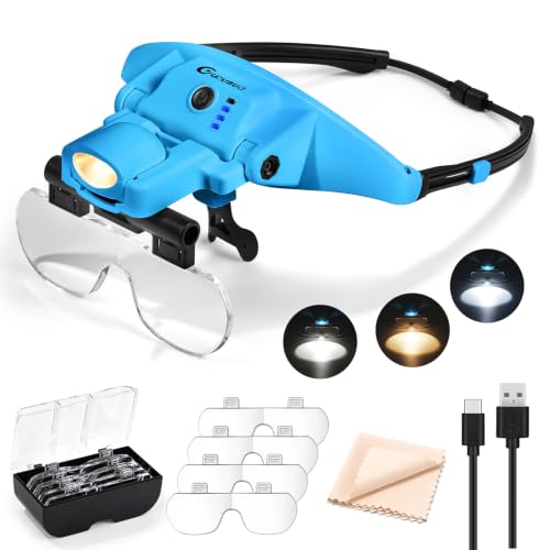 Rechargeable Magnifying Glasses with Light 1.5X-5X,Magnetic Headset - color: Blue