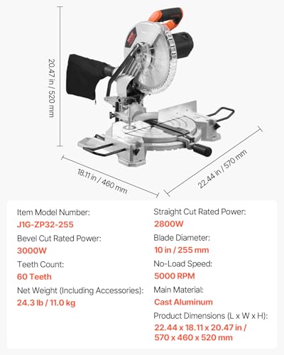 VEVOR Compound Miter Saw, 10-Inch Blade, 15 Amp Motor, 60-Tooth, Corded Single Bevel 0-45°, LED Precision Alignment, Angle Adjustable, Lightweight Cast Aluminum Base, for Wood, Composite Decking - size: 10“