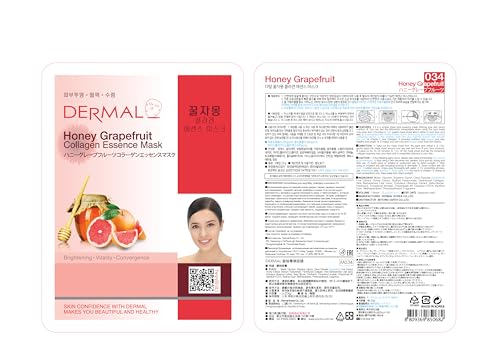 DERMAL Honey Grapefruit Collagen Essence Korean Facial Mask Sheet Pack of 10 - Rich in Vitamin C & Amino Acid - Hydrating, Evens Skin Tone & Dark Spots - Hypoallergenic Skin Friendly Sheet - color: Honey Grapefruit Collagen