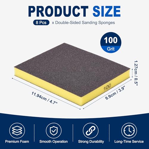8Pcs 100Grit Double-Sided Sanding Sponges, Washable & Reusable - size: 100Grit