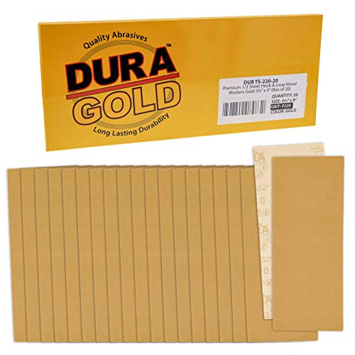 Dura-Gold 1/3 Sheet Gold Sandpaper Sheets, 220 Grit, Box of 20, Hook & Loop - size: 220-Grit