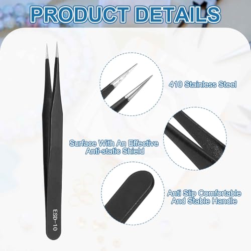 HARFINGTON 4.8" Long ESD-10 Anti-static Straight Pointed Tip Tweezers Round - size: 4.8"（ESD-10)