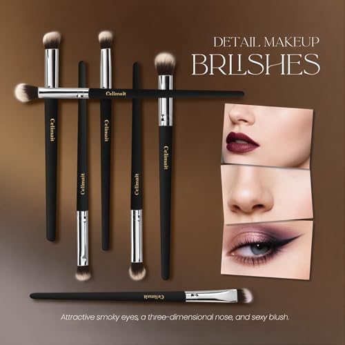 Makeup Brush Set with Case, Synthetic Bristles, Wood Handle, 12 Pcs - color: Black