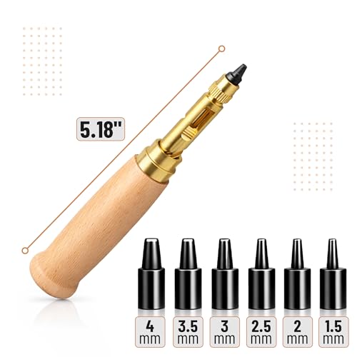 UNCO- Adjustable Leather Hole Punching Tool, 6 Sizes (1.5-4mm), Japanese Style Automatic Puncher with Wooden Handle, Hollow Hole Punch for Leather Belt, Bag, Wristband, Watch Strap, Shoe, Craft & DIY