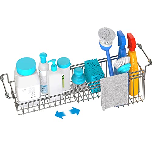 Over The Kitchen Sink Caddy Sponge Holder Organizer Drying Rack Expandable for Sponge Brush Soap Dish Cloth Rag Smaller 14.5" to 22", Stainless Steel - size: 14.5" to 22"