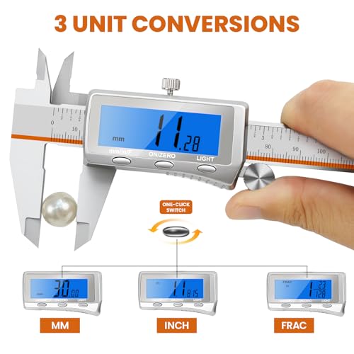 Digital Caliper, Rechargeable Digital Calipers with Backlight LCD & Auto-Off, Stainless Steel Measuring Tool, Inch/MM/Fraction Conversion for 3D Printing DIY Woodworking 6 Inch - size: 6-IN