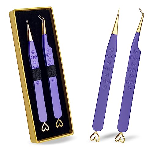 Precision Eyelash Extension Tweezers, Straight And 45-Degree, with Fiber Tip, Volume & Isolation Tweezers, Japanese Stainless Steel, Unique Heart Design (Purple Color) - color: Purple