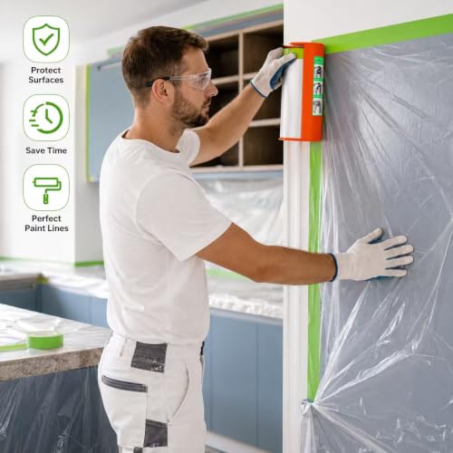 Pre-Taped Masking Film with Dispenser - 44" x 66' Painters Plastic - color: 1 Dispenser 2 Refill 44" x 66'