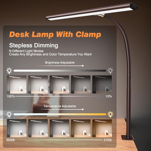 Airlonv LED Desk Lamp with Clamp, 17" Stepless Dimming Light, Brown - color: Brown, size: Standard