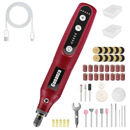 GONANZA Mini Cordless Rotary Tool Kit - 5-Speed, 3.7V Power Supply with LED Light 62 Accessories for Engraving, Sanding, Polishing, Type-C Rechargeable Perfect for DIY Crafts and Precision Work(Red)