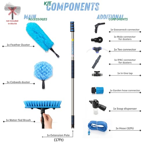 IGADPole 17 FT Water-Fed Cleaning Kit – Extendable Telescopic Pole with Soap-Dispenser, Brush & Cobweb Duster, Adjustable 5-17 FT Handle for Safe High Window, Gutter, Solar Panel & Exterior Cleaning - size: 17 ft Pole