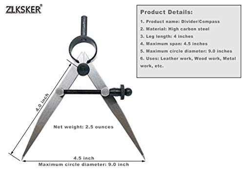 4 Inch Professional Leather Compass, Precision Spring Wing Divider/Scriber, Metal Compass for Woodworking, Metalworking - size: 4 inch