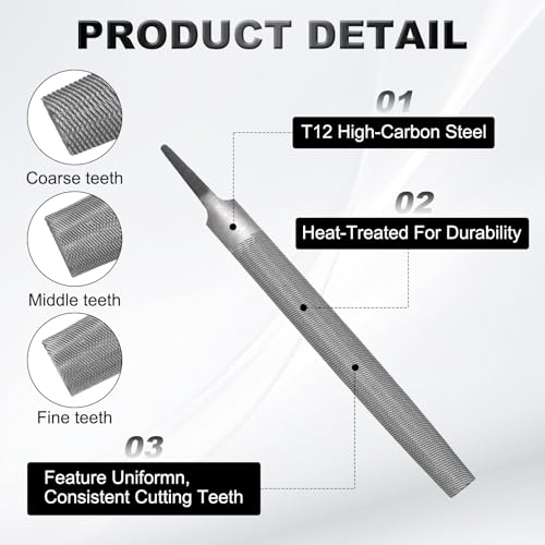 HARFINGTON 12" Half Round Medium Cut File Double Cut Teeth Medium Metal File High Carbon Steel T12 without Handle for Metal Wood Tool Sharpener, Gray - size: 12"