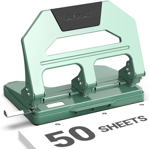 AFMAT HPX4 Heavy Duty 3 Hole Puncher, 50-Sheet Paper Punch Heavy Duty, 50% Reduced Effort Three Hole Punch, 10K+ Uses, Metal Hole Puncher 3 Ring w/Large Tray, Bulit-in S.S. Paper Guide (Green) - color: Green, size: 50-Sheet Capacity