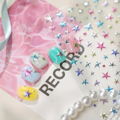 1 Sheet 5D Embossed Holographic Nail Stickers Metallic Shiny Star Nail Decals Self-Adhesive Nail Art Stickers Cute Y2K Stars Nail Stickers for Nail Art Stars Nail Supplies for Women DIY Manicure - color: Colorful Stars