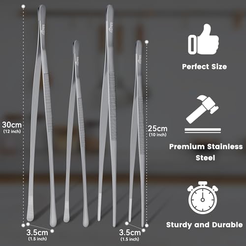 HOTEC Kitchen Tweezers Stainless Steel Cooking Tweezers 4 Pcs-10" and 12" - color: Silver, size: 4PCS: 12 & 10 Inch