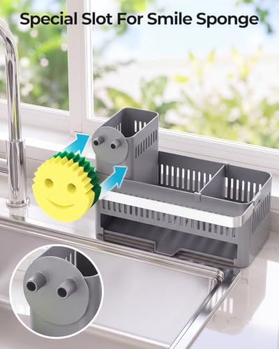 Nieifi Sponge Holder, Grey Rustproof ABS Sink Caddy with Towel Rack - color: Gray