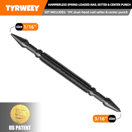 Nail Setter, Spring Loaded Center Punch for Wood& Metal, Hammerless - size: 1/16 Nail Setter& 3/16 Center Punch -1pc