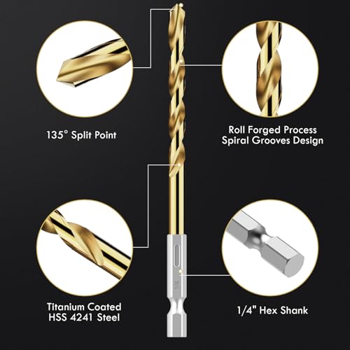 19Pcs(1/16" - 1/4") Hex Shank Titanium Twist Drill Bit Set - size: 1/16" - 1/4" - 19pcs HSS