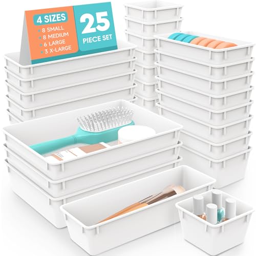 25 PCS Plastic Drawer Organizer Set, Makeup Organizers and Storage Bins - color: White