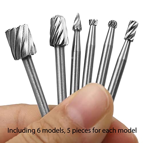 30pcs Rotary Bits Burr Set Tungsten Steel Carving Burr Bits with 1/8 inch Shank for DIY Woodworking, Carving, Engraving, Drilling. (30pcs)