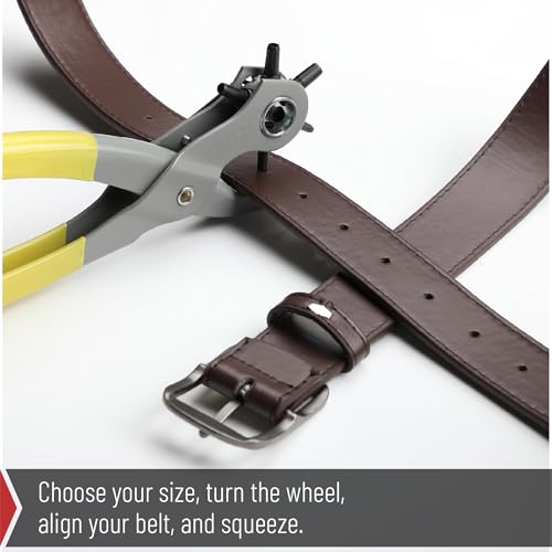 UNCO- Leather Hole Punch Tool, Multi Hole Sizes for Belts and Leather, Belt Hole Puncher, Yellow Handle - color: Yellow