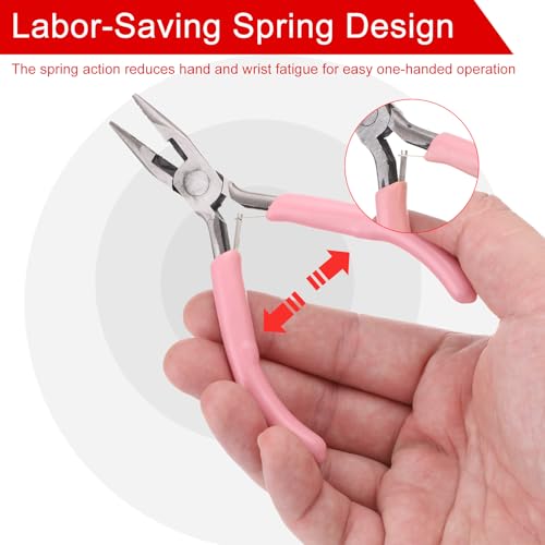 HARFINGTON Needle Nose Pliers 5" Mini Jewelry Pliers with Cutter & Non-slip PVC Handle Thin Precision Jewelry Flat Jaw for Beading Tool Hobby Craft, Pink