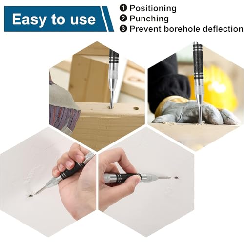 2-Pack Heavy-Duty Automatic Center Punches, 12.7cm Stainless Steel Chrome-Plated, Adjustable Spring-Loaded Hole Marker Scriber for Metal, Plastic, Wood - Durable Precision Drilling Tool