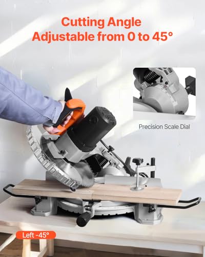 VEVOR Compound Miter Saw, 10-Inch Blade, 15 Amp Motor, 60-Tooth, Corded Single Bevel 0-45°, LED Precision Alignment, Angle Adjustable, Lightweight Cast Aluminum Base, for Wood, Composite Decking - size: 10“
