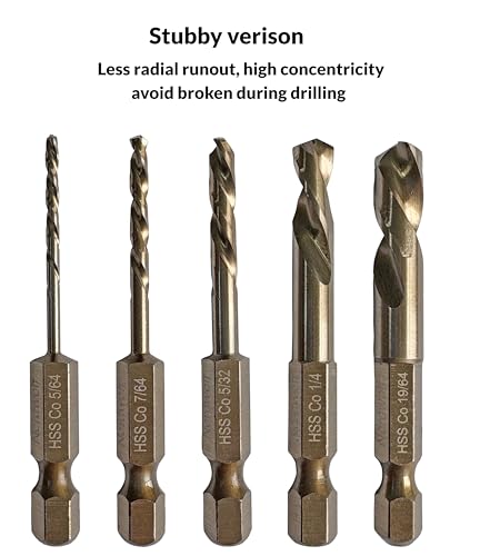NordWolf 10-Piece M35 Cobalt Stubby Left Hand Drill Bit & Screw Extractor Set, Sizes 5/64" 7/64" 5/32" 1/4" 19/64" Reverse Twist with 1/4" Hex Shank - size: 5/64" to 19/64" (10 Pcs)