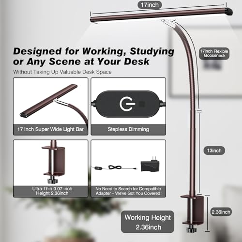 Airlonv LED Desk Lamp with Clamp, 17" Stepless Dimming Light, Brown - color: Brown, size: Standard