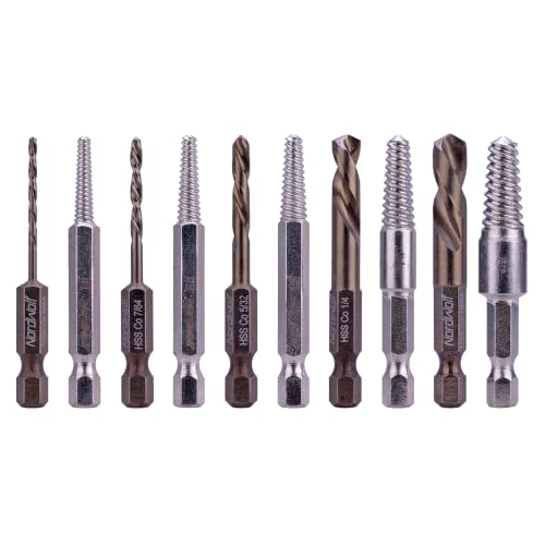 NordWolf 10-Piece M35 Cobalt Stubby Left Hand Drill Bit & Screw Extractor Set, Sizes 5/64" 7/64" 5/32" 1/4" 19/64" Reverse Twist with 1/4" Hex Shank - size: 5/64" to 19/64" (10 Pcs)