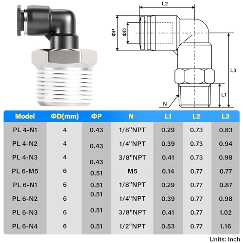 TAILONZ 6mm x 1/2" NPT Push to Connect Elbow Fitting 10Pcs - size: 0.236" OD 1/2" MNPT