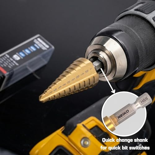 NEIKO 10624A Step Drill Bit, 9 Steps 1/2" to 1" Straight High Speed Steel, Titanium Nitride Coated, 1/4" Quick Change Step Bits for Steel, Metal, Wood, Plastic, Unibit Cone Drill Bits, Two Flute - size: #8 (1/2 - 1", 9S), style: Straight