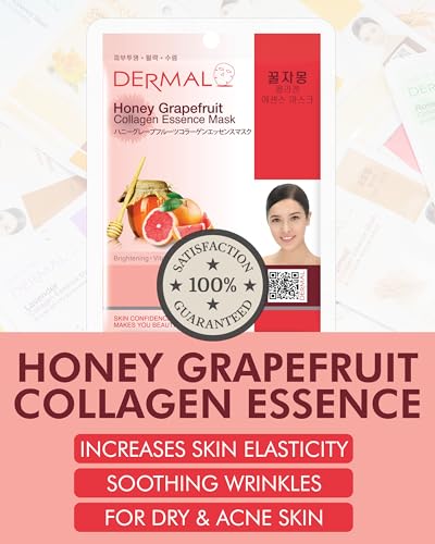 DERMAL Honey Grapefruit Collagen Essence Korean Facial Mask Sheet Pack of 10 - Rich in Vitamin C & Amino Acid - Hydrating, Evens Skin Tone & Dark Spots - Hypoallergenic Skin Friendly Sheet - color: Honey Grapefruit Collagen