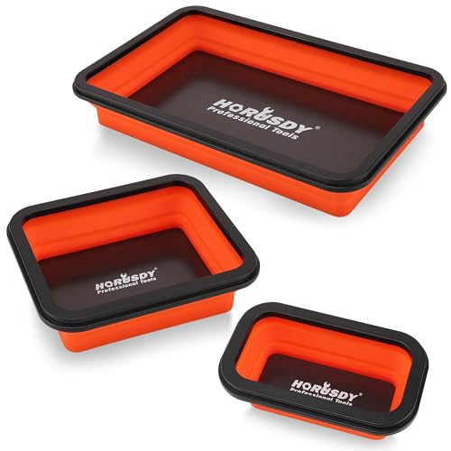HORUSDY 3-Piece Magnetic Parts Tray Set, Tool Trays for Storage Organizer Screw, Bolts, Washers, Nuts and Small Tools. Tool Gifts for Men, Orange and Black - color: 3-piece Magnetic Tray - Collapsible Red