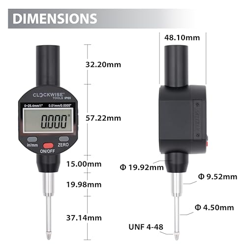 Clockwise Tools IP65 Grade Digital Indicator, DPIR-0105, 0-1 Inch/25.4mm, Inch/Metric Conversion - style: DPIR-0105; 0-1"/25.4mm; IP65 Grade