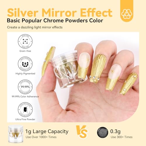 Saviland Chrome Nail Powder Set: 2PCS Reusable Chrome Nail Powder Applicator Nail Brush with 1g Metallic Mirror Effect Chrome Powder for Gel Nails
