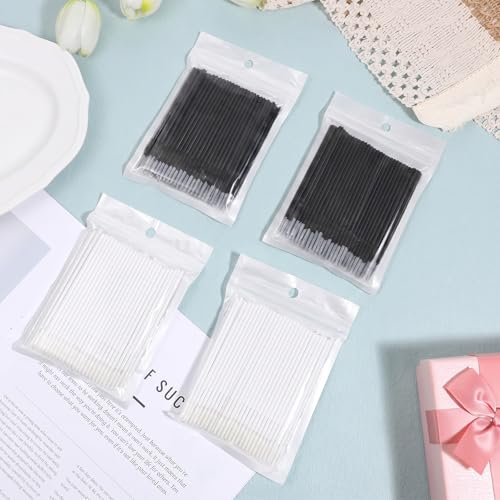 400 Pack Micro Swabs, Disposable Micro Brushes with Long Microfiber Tips for Eyelash Extensions, Makeup, Personal Care and Precision Cleaning - color: black+white